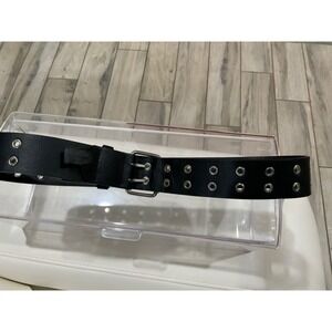 Black Double Grommet Eyelet Belt Silver Square Buckle Punk Grunge Faux Leather